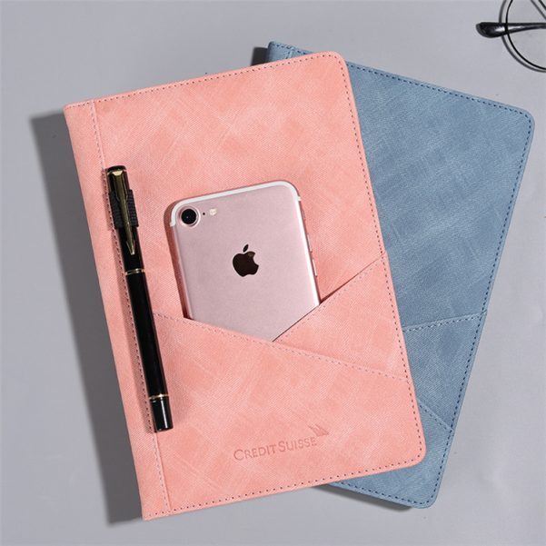 A5 Size Customized Logo Inside Cover Pocket Business Notebook Planner with Insertable Phone