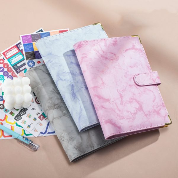 PU Marble Leather A5 A6 Loose-Leaf Budget Notebook With 6 Rings For Travel Weekly Planner - Image 3